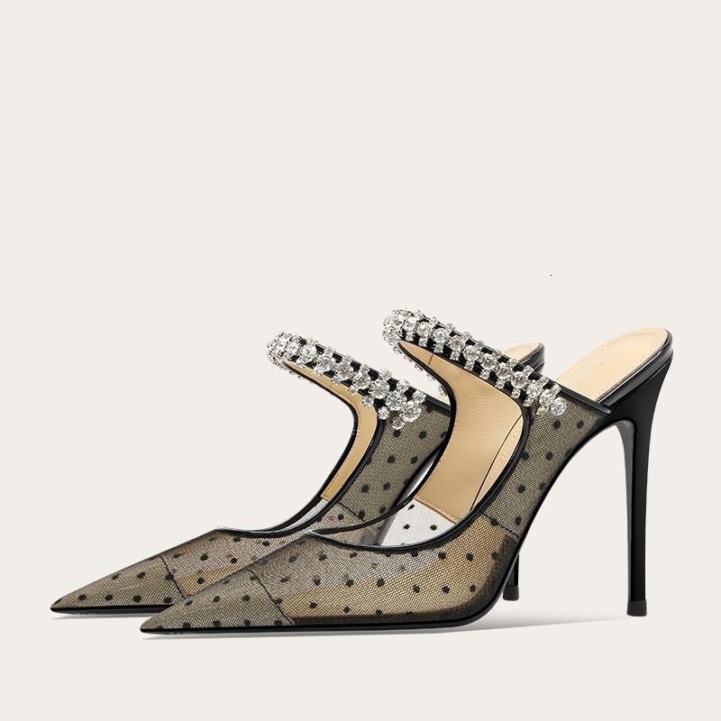 Polka dot mesh sexy black high-heeled sandals women, Xia pointed straight diamond chain toe slippers with high-end feel for wearing outside