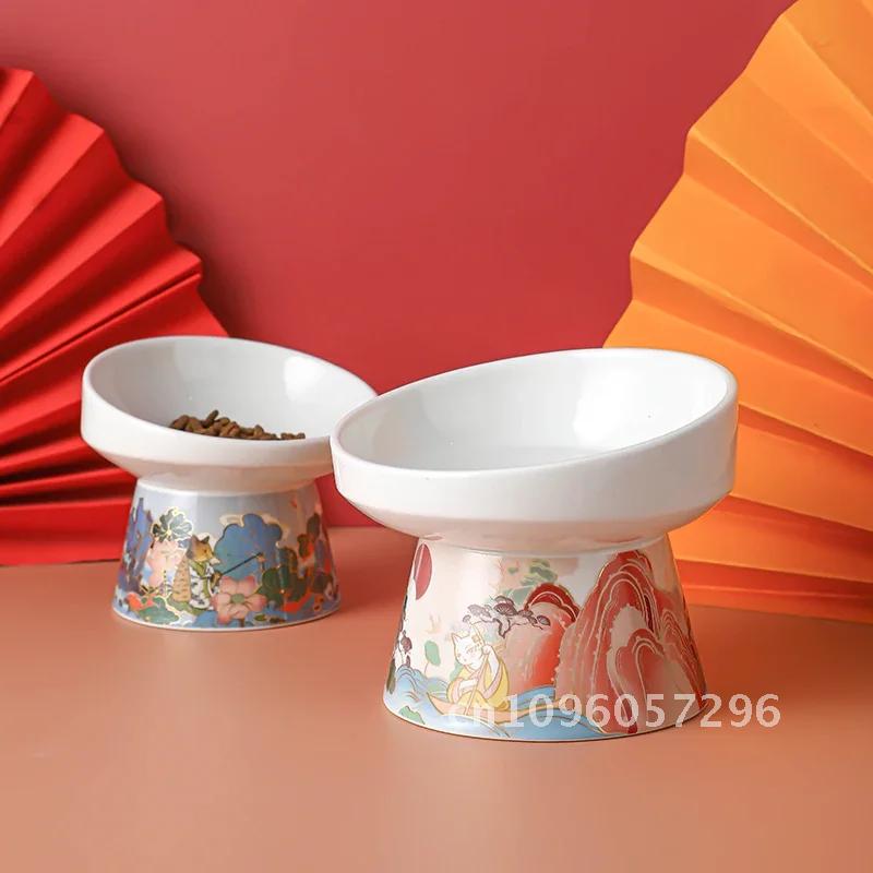 Chinese Style Cat Bowl Ceramic Pet Food Small Feeders Drinking Feeding Dogs Eating Products Supplies Cats Water Elevated