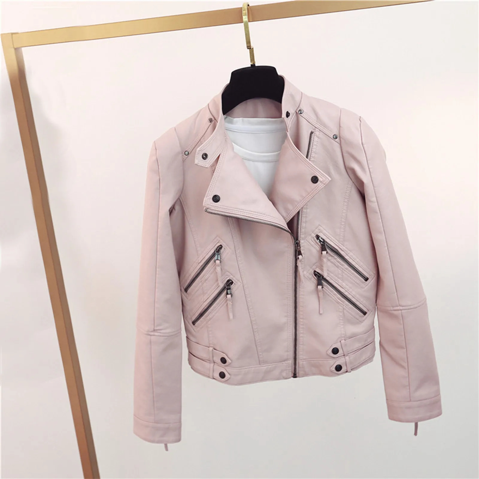 Womens motorcycle leather jacket zipper casual lapel crop coat long street short sleeved autumn and winter fashionable top 250226