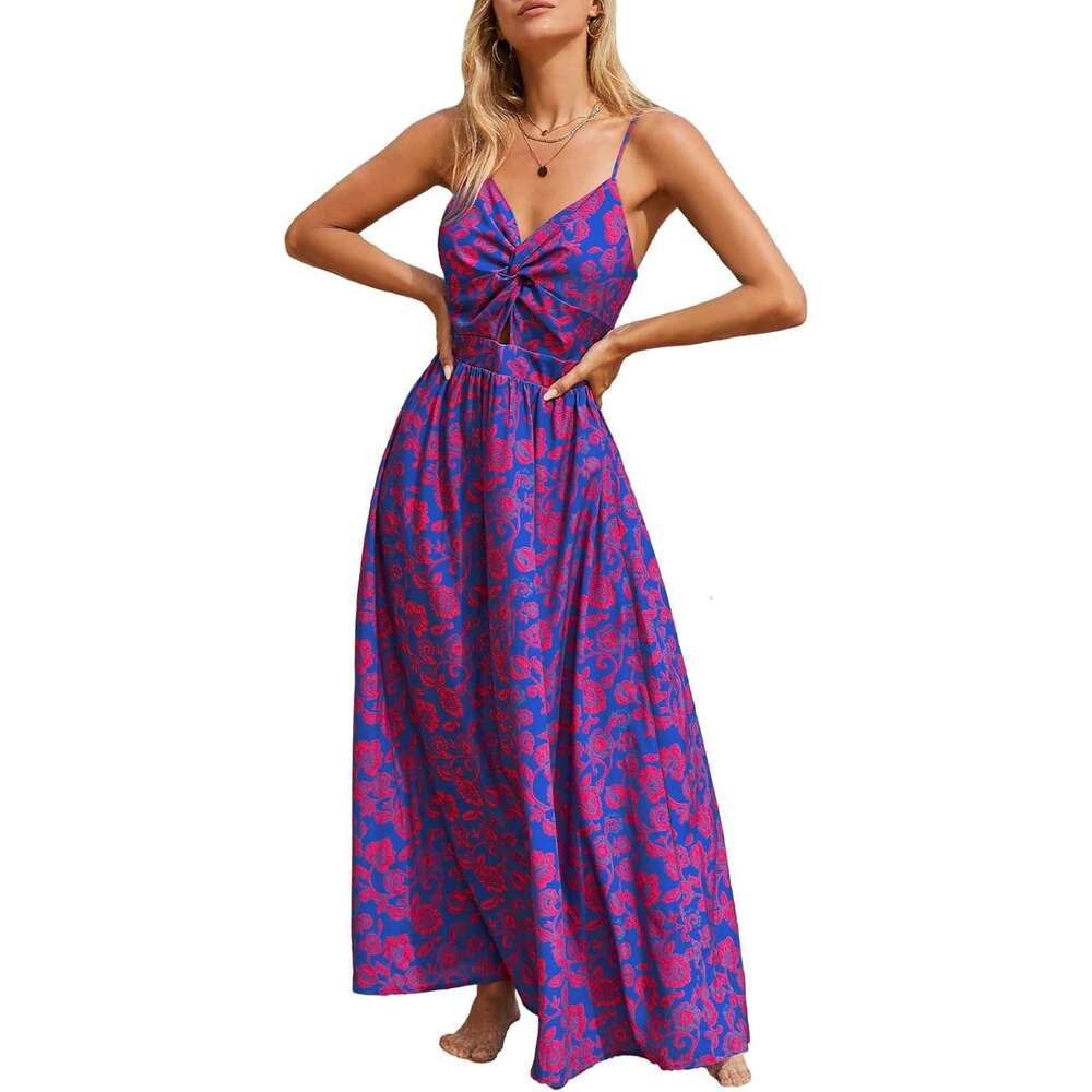 Women's extra long with floral print and twisted V-neck sleeveless dress for summer casual wear