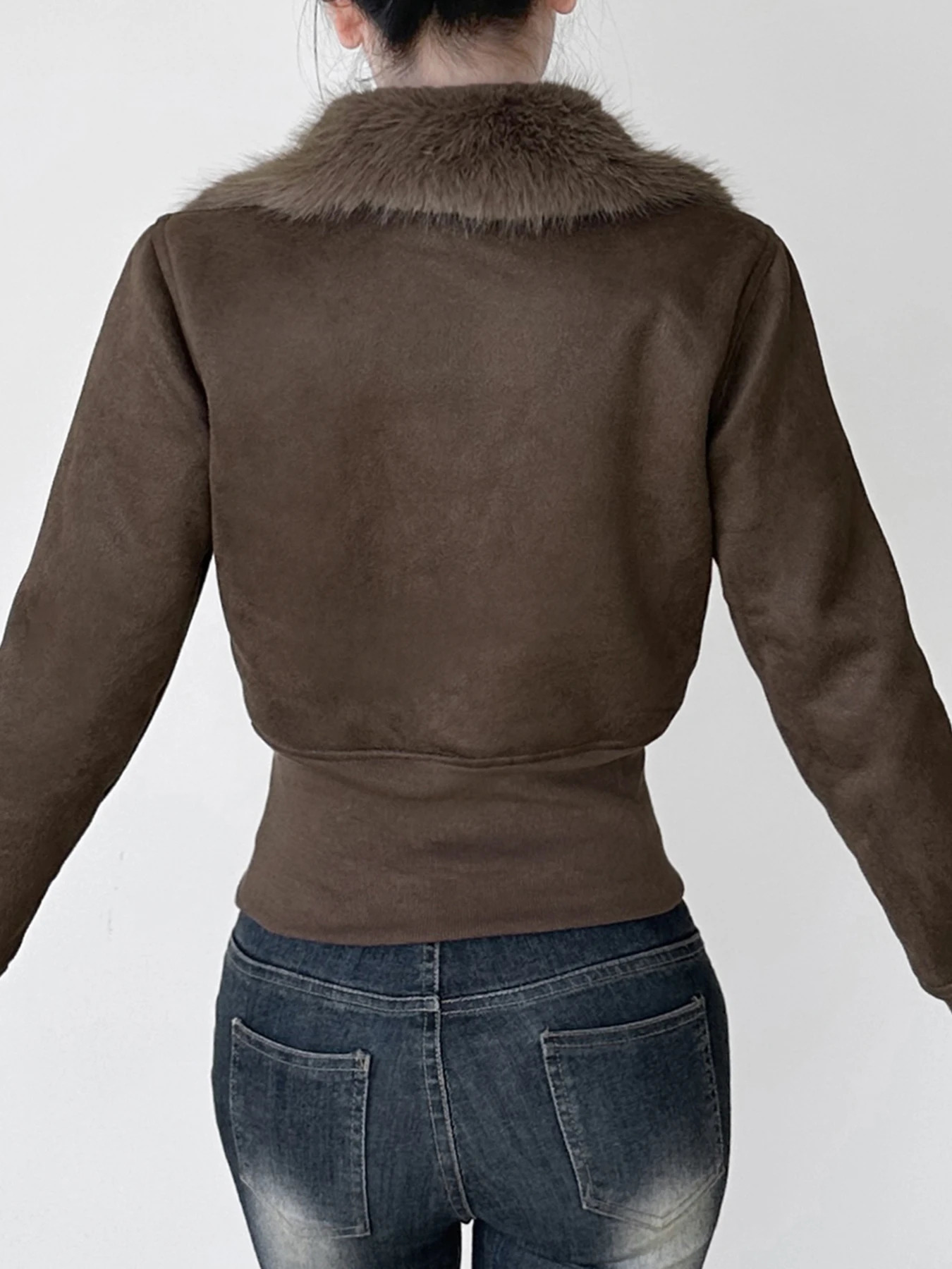 Fashion Warm Chamois Jackets Long Sleeve Plus Velvet Faux Collar Zipper American Retro Thickened Coat 250226