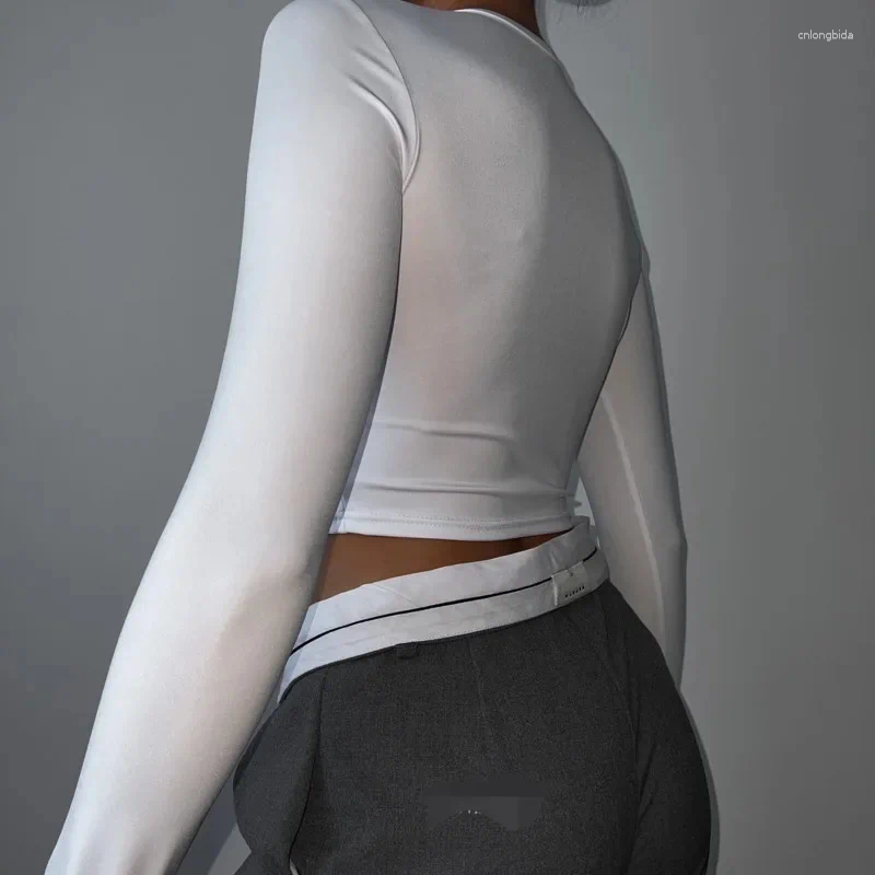 Women's Polos Tops Tees Jumpsuit Round Neck Long Sleeved Tight Fitting Eur America Sexy Pleated High Street Mid Waist Top