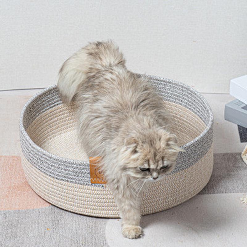 Woven Cat Basket Comfortable Pet Nest Kitten Sleeping Basket Scratching Board Mat Indoor Soft Cotton Rope Scratching Nap Bed