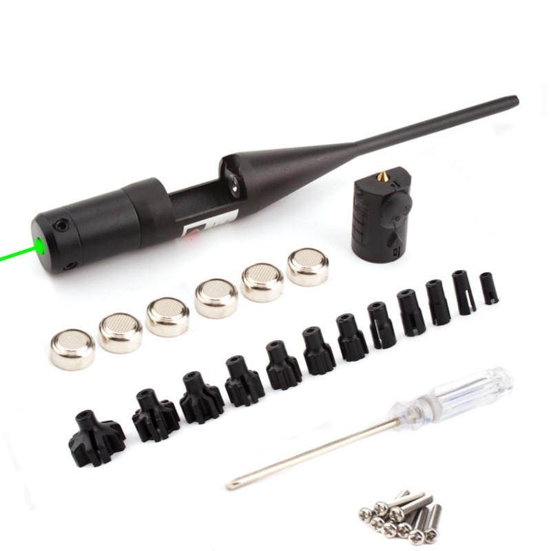 Bore Sight Kit Calibrator Zeroing Device Non Adjustable Level Gauge Bright Green or Red Dot BoreSighter with Big Button Switch with 8 Adapter or 12 Ad
