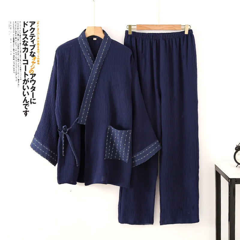 Mens Kimono Home Suits Long-sleeved Trousers Suits for Autumn and Spring Pijamas for Men Cotton Crepe Pajamas for Men 250304