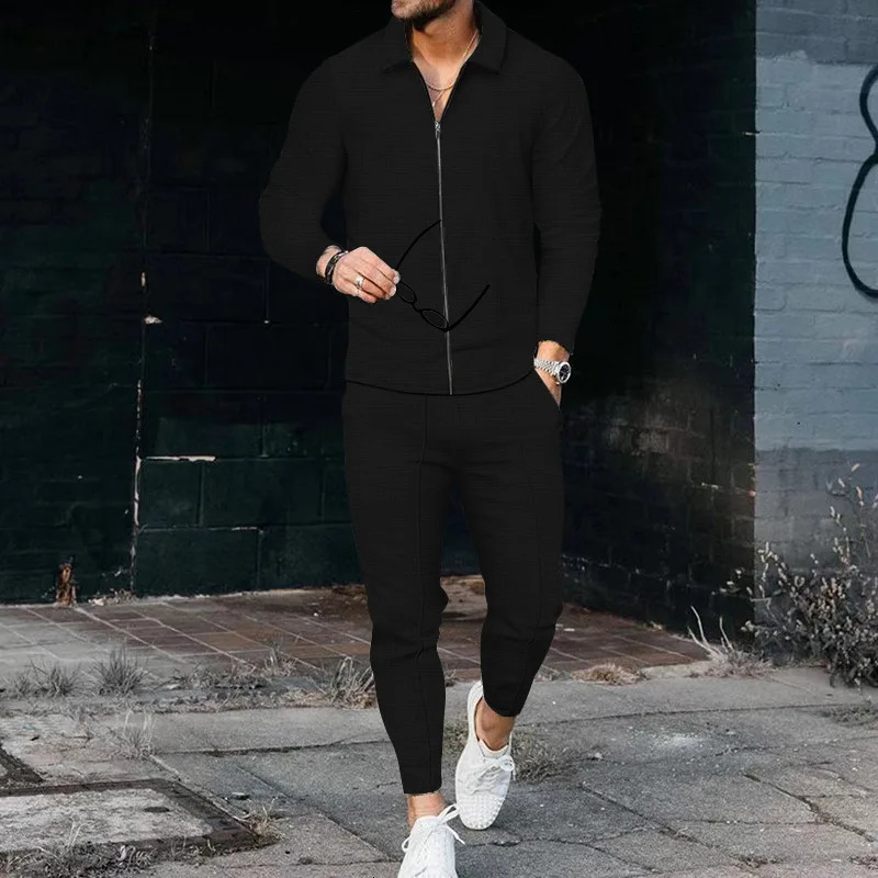 Mens Long Sleeve Polo Shirt High Quality Suit Fashion Print Outdoor Casual Zipper Pants Summer 250304