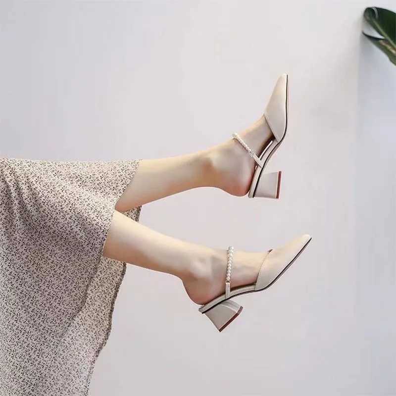 Pointed High H Sandals Wen Summer Shoes Wen Fi Two Wear Square Heel Sandals Earth Slip Casual Fem Shoes Y250304