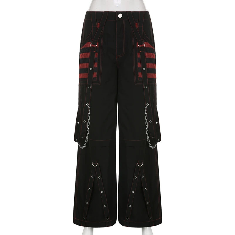 SUCHCUTE Gothic Chain Bandage Wide Leg Pant Oversize Low Rise Dark Academic Trousers Streetwear 90s Baggy Punk Style 250304