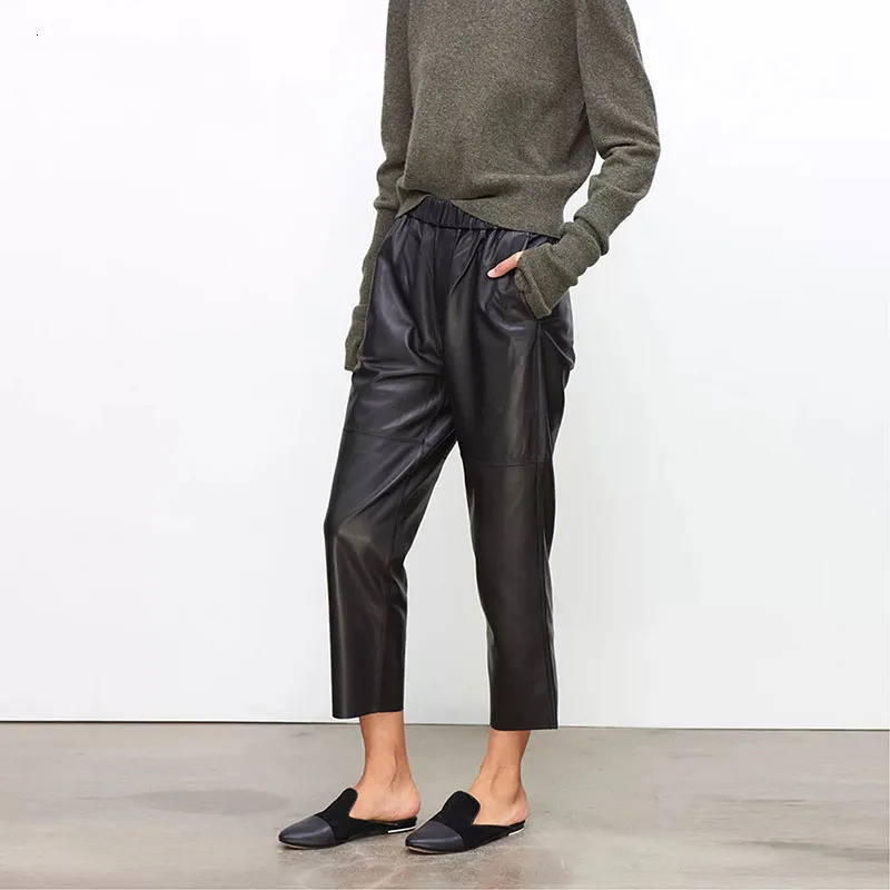 Women Pants Real Leather Pant Tousers High Waist Harem 2024 Elastic Streetwear 250304