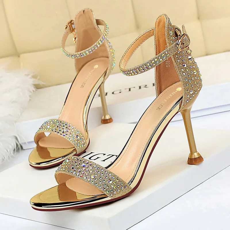 Women Summer Sandals 8.5cm High Heels Rhine Crystal Middle Heels Ankle Strappy Sandles Lady Wedding Event Party Gold ShoesXJ2500305