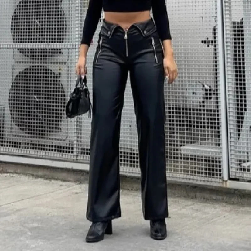 Candy PU Leather Zipper Slim Pants Y2K Casual Party Streetwear Highwaist Straight Leg 2024 Gothic Chic Women Trousers 250304