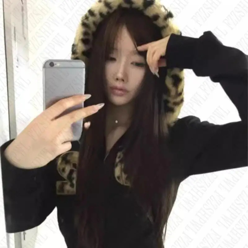 Y2K Women Leopard Print Hoodies Clothes Hip Hop Graphic Punk Aesthetic Gothic Fashion Vintage Zip Up Hoodies Streetwear EMO Girl 250304