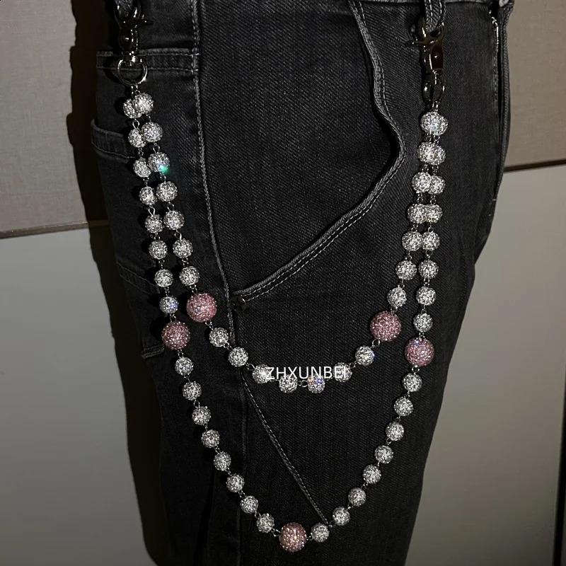 1pc Hip Hop Jewelry Wallet Chain 10mm Disco Rhinestone Cluster Ball Beads Pendant Bag Jeans Pocket Belt Chain 250303
