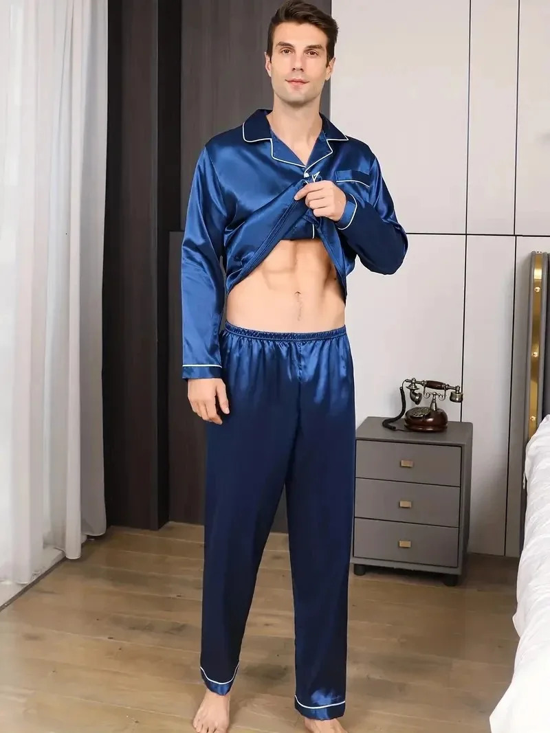 Men Pajamas Set Silk Satin Sleepwear For Man Shirt Long Sleeve Pijama Male Fashion Soft Loungewear Big Size Spring Nightwear 250304
