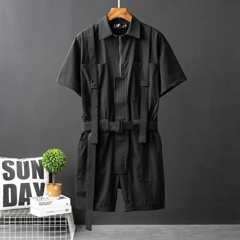 Black Casual Workwear Jumpsuits Men Korean High Street Youth Loose Fitting Short Sleeved Allinone Suit Safari Cargo Half Pants 250224