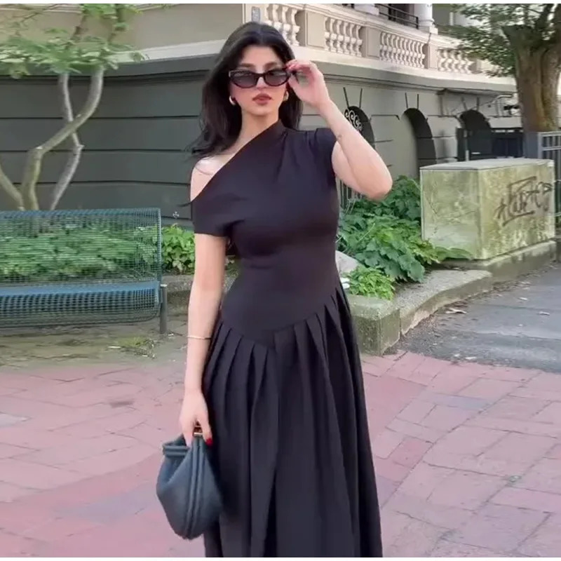 Oneshoulder Pleated Maxi Dres Short Sleeve Irregular Off Shoulder High Waist Dresses Solid Holiday Lady 250304