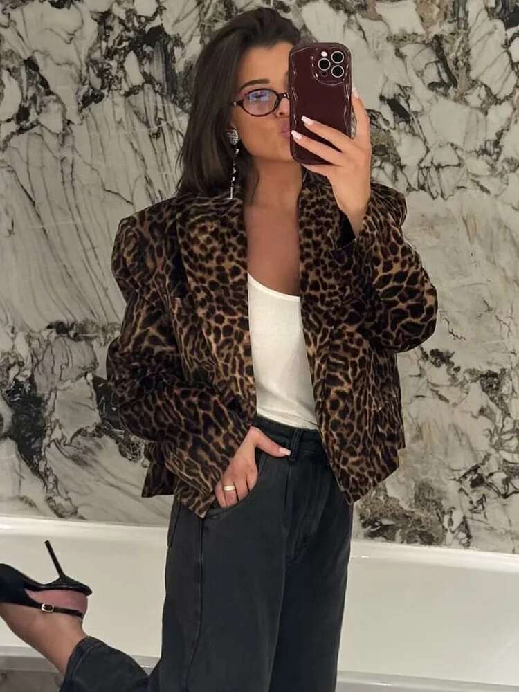 TRAF 2024 Autumn Women Leopard Print Veet Blazer Suit Fashion Notched Pockets Cropped Jackets Side Zipper Mini Skirt