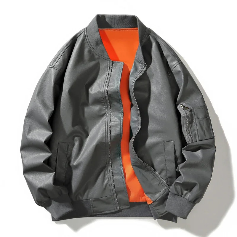 Autumn Winter Mens Bomber Jacket Baseball Collar PU Leather Jackets Men Solid Moto Biker Outerwear Coat Fashion Streetwear Man 250225