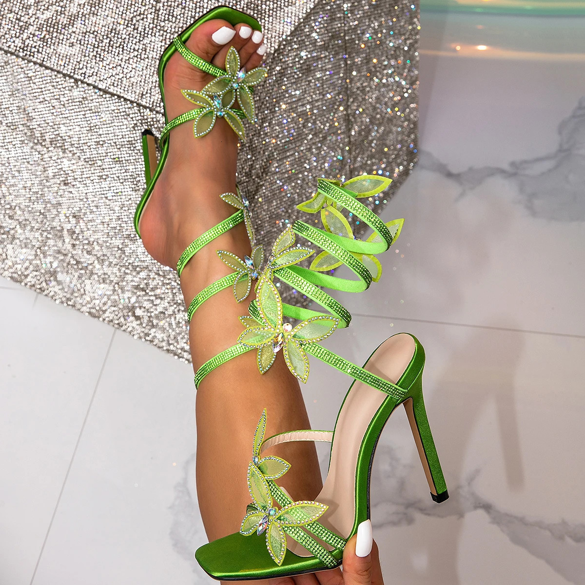 Equal Elegant Crystal Butterfly-knot Ankle Strap Woman Sandals Sexy Open Toe Thin High Heels Stripper Party Pumps Shoes 250228