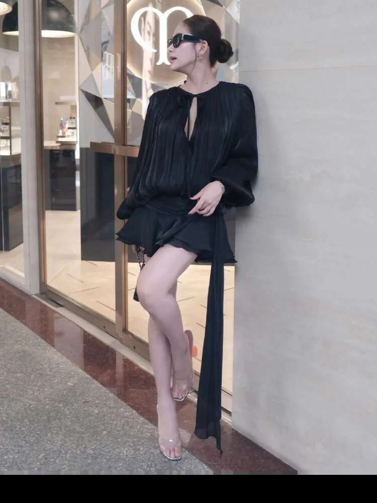 Elegant Lace Up Women's Dress Lantern Sleeve V Neck Loose Mini Female Dresses 2025 Spring Summer Pleated Shining Lady Vestidos