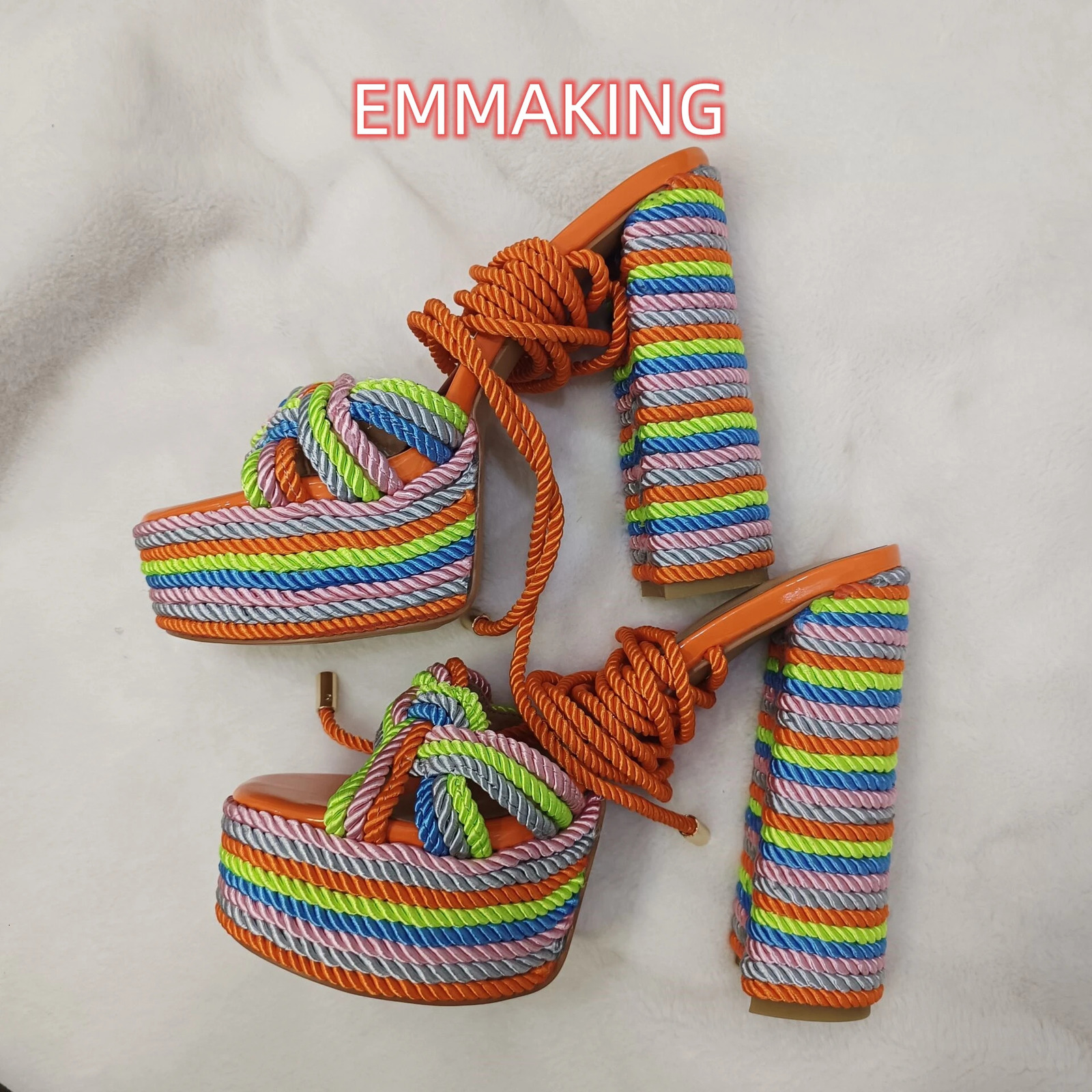 Mixed Color Ropes Platform Sandals Sumer Special Material Lace Up Chunky Colorful Fashion Runway Women Sandals shoes Party 250228