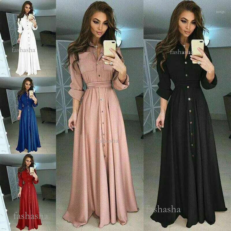 Casual Dresses Summer Autumn Female Buttons V Neck Long Sleeve Solid Black Red Loose Big Size Maxi Dress Women Fashion T