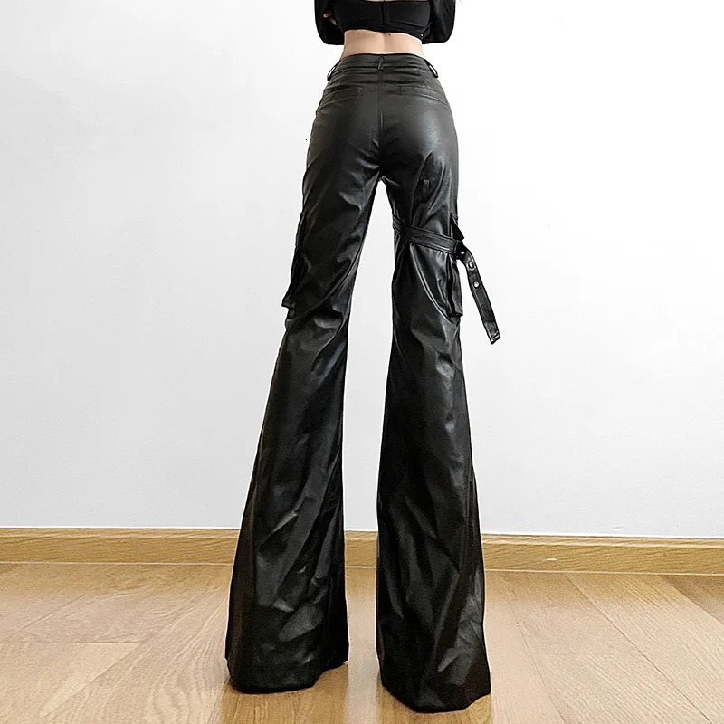 Vintage Leather Pants Women Streetwear Fashion Baggy PU Wide Leg Cargo Trousers Y2k Straight Pantalon 250304