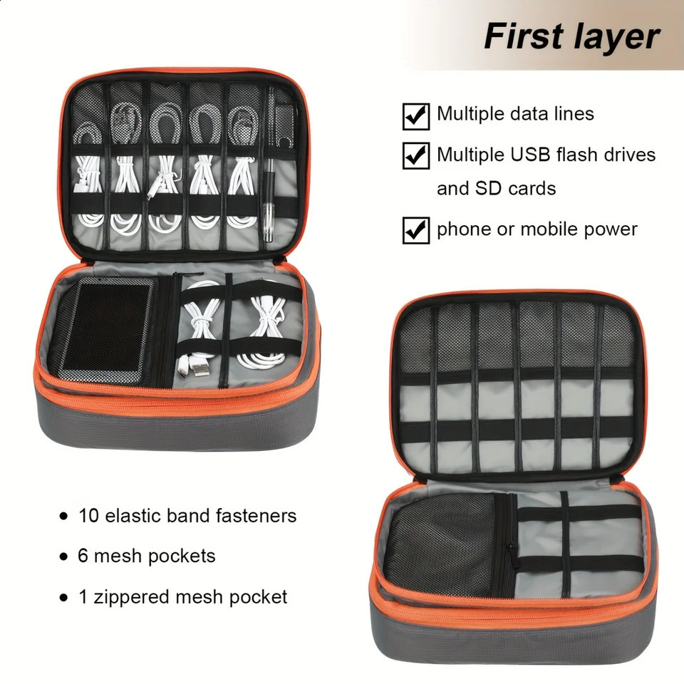 Ship from US Double layered electronic accessory organizer multifunctional USB cable bag and digital small tool zipper 250305FBB