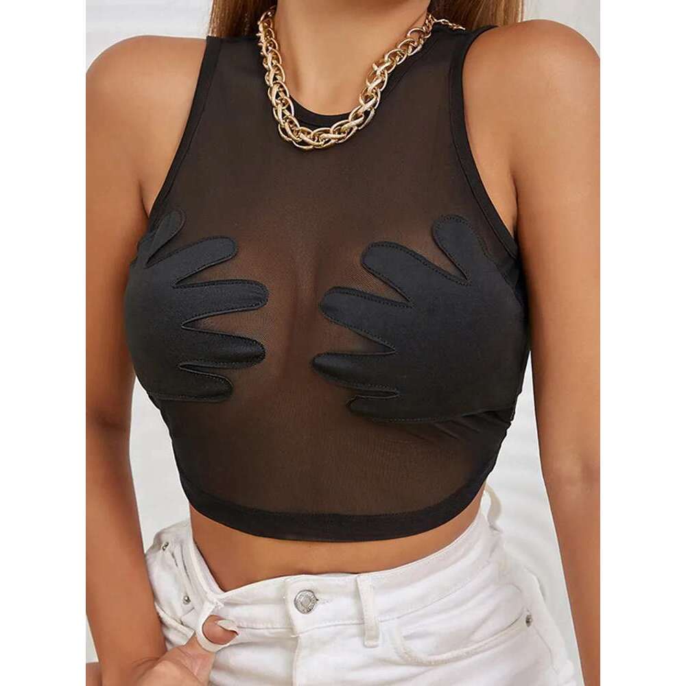 Patchwork Mesh Vest Women Sexy Round Neck Sleeveless Summer Body-Shaping See Through Hipster Crop Tops Lady Tank KLMY