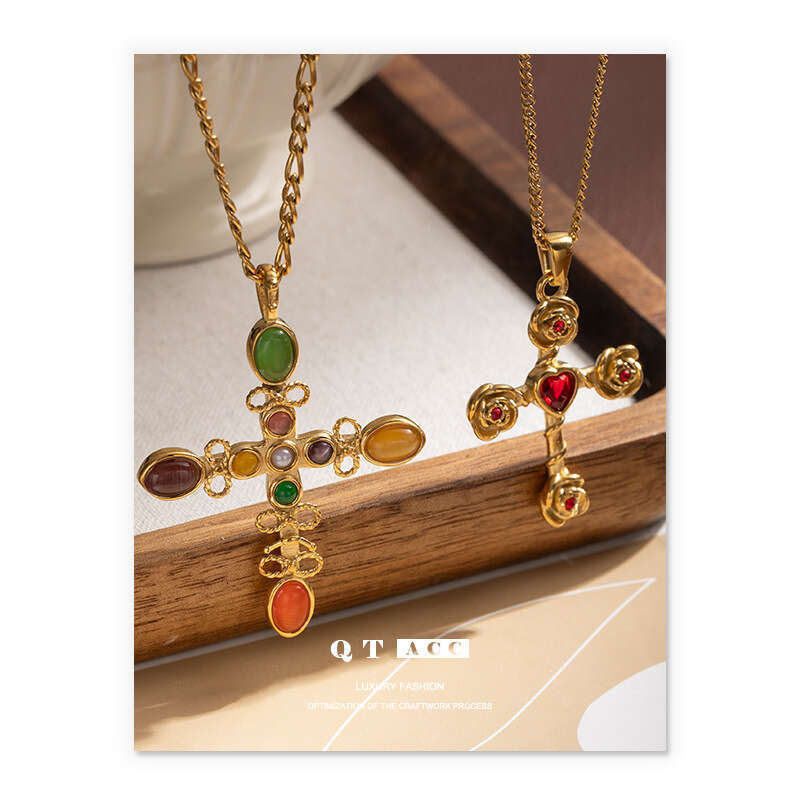 Light , high-end, non fading, niche personality, versatile, cross agate titanium steel necklace, simple and exquisite for women