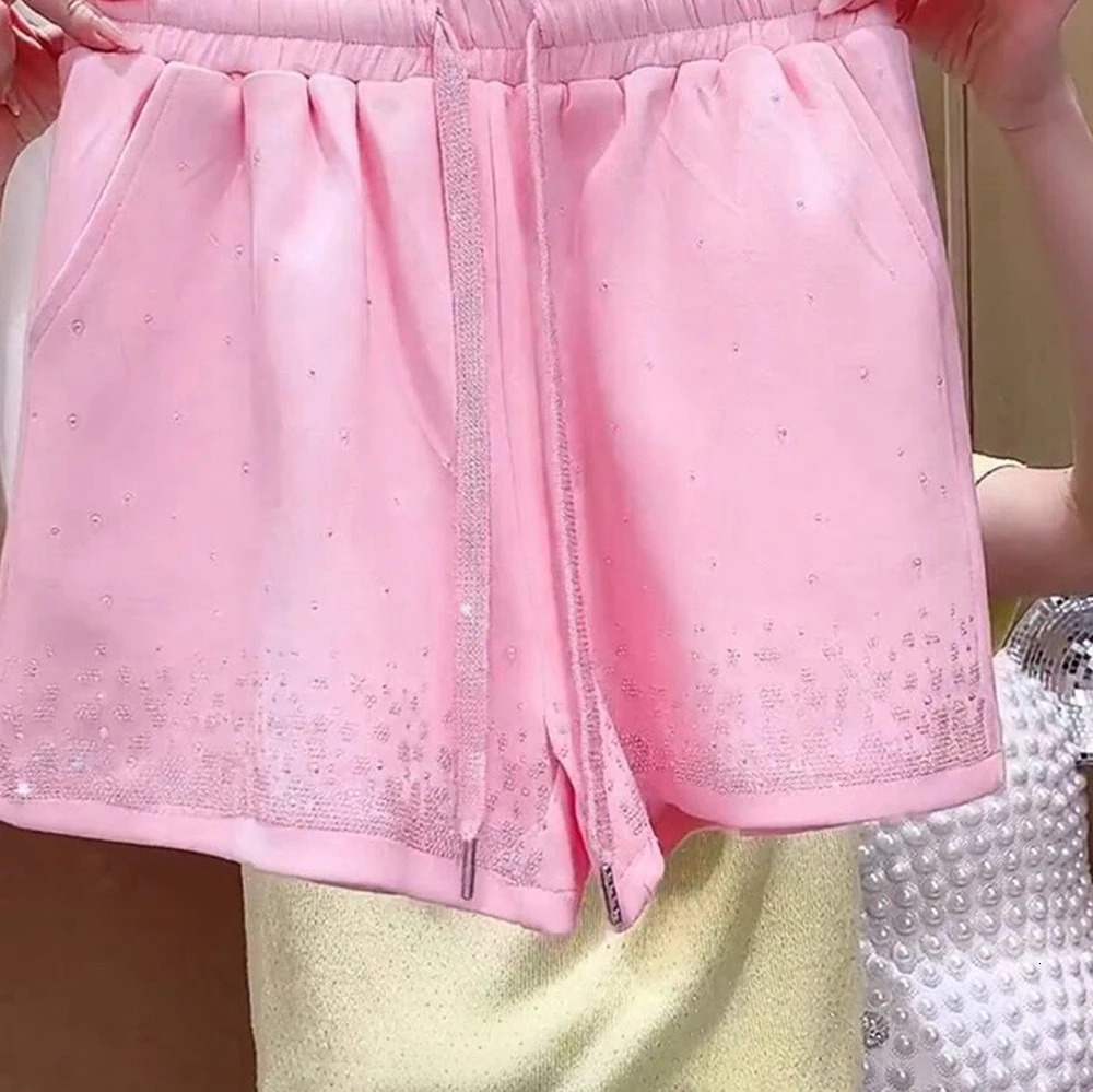 Plus Size Sweet Sports Shiny WideLeg Pink Shorts 2024 Summer High Grade Loose Drawstring Casual For Women 250304