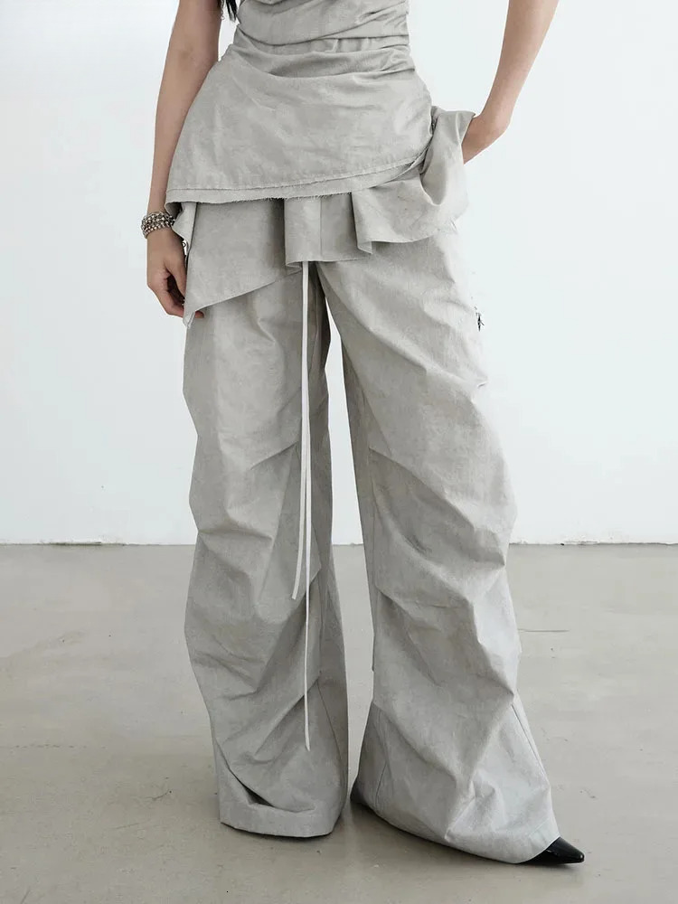 High Waist Gray Drawstring Ruffles Pleated Long Wide Leg Pants New Trousers Women Fashion Tide Spring Autumn