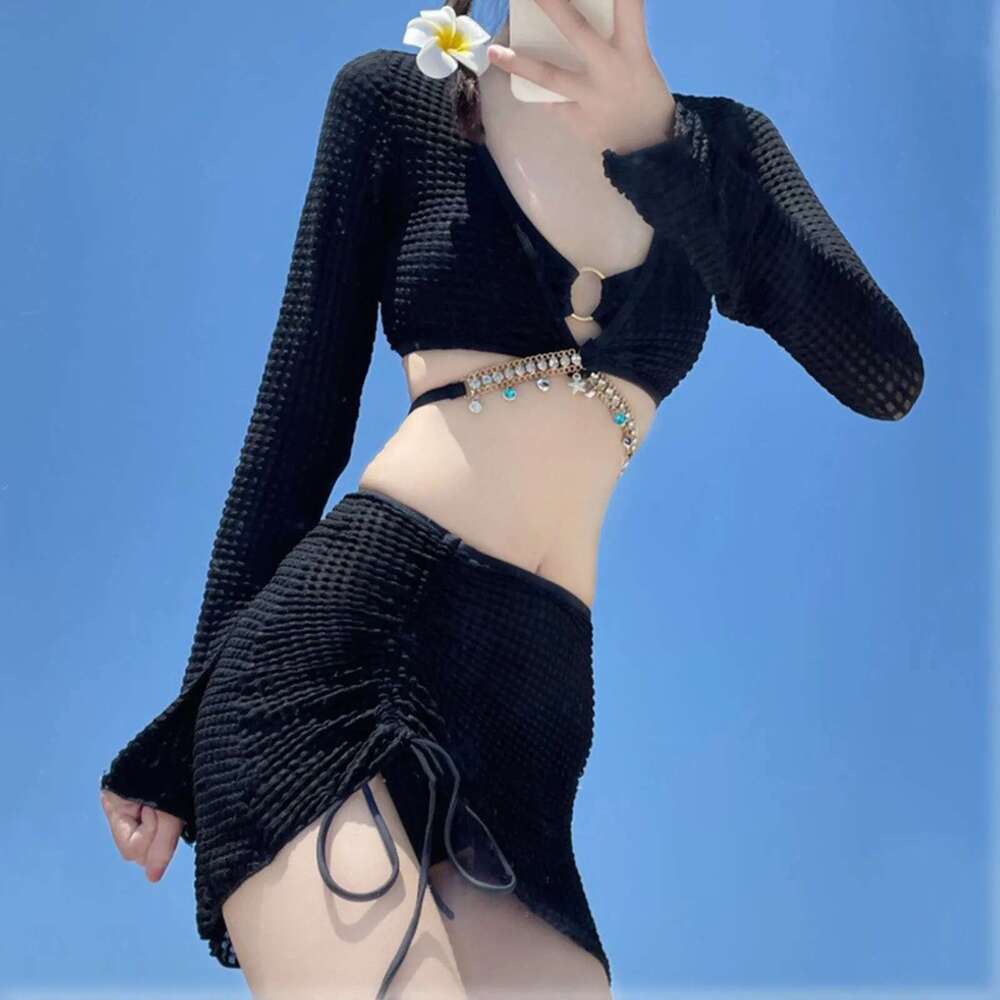 Bikini Sexy 4Pcs Set Women Split Swimsuit Backless Halter Tankini Triangle With Mesh Cover Up And Beach Mini Skirts Bathing Suit Km-Ly