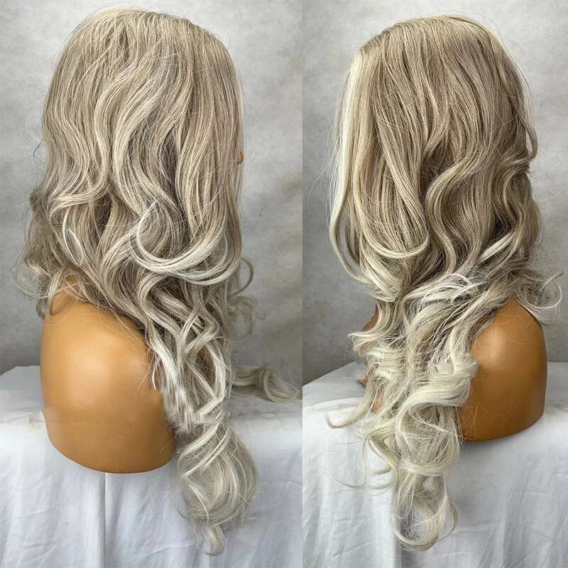 Iced Wavy Layered Money Piece Ash Blonde White Highlights Synthetic Lace Front Wig Streaks Human Hair Blends