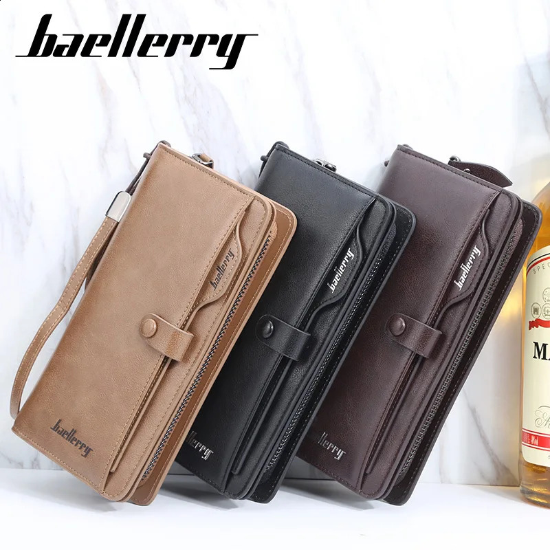 High capacity mens clutch long wallet business multi card phone bag zipper coin currency ID credit bank holder 250305