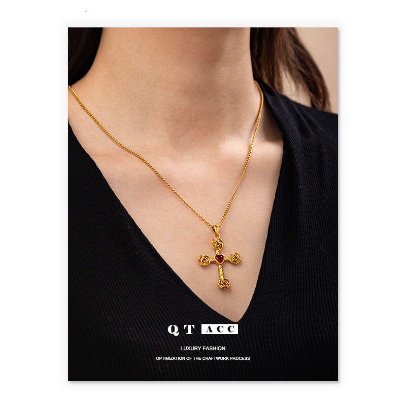 Light , high-end, non fading, niche personality, versatile, cross agate titanium steel necklace, simple and exquisite for women
