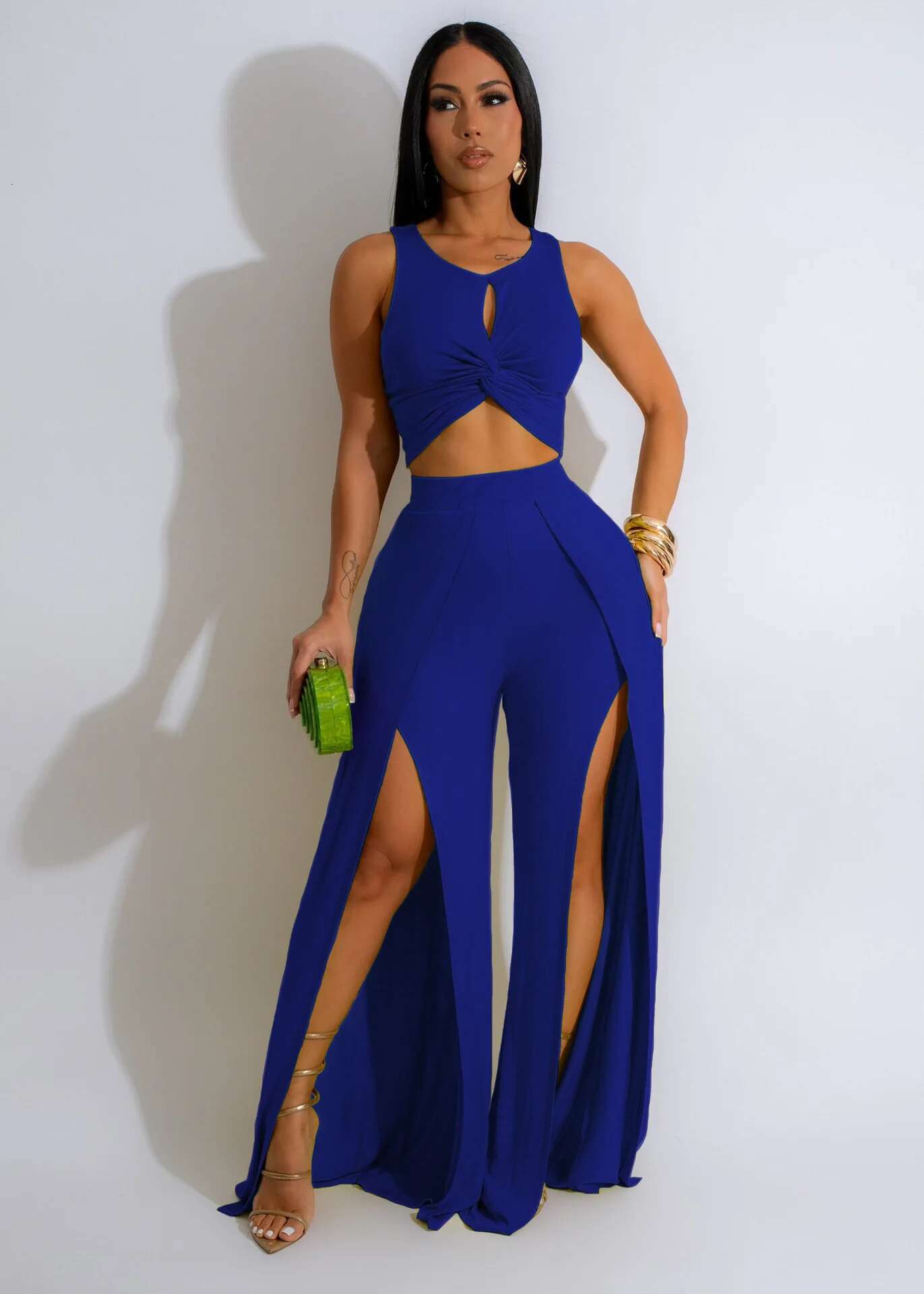 Summer Fashion Street Sexy Solid Sleeveless Top Split Wide Leg Pants Two Piece Set Women