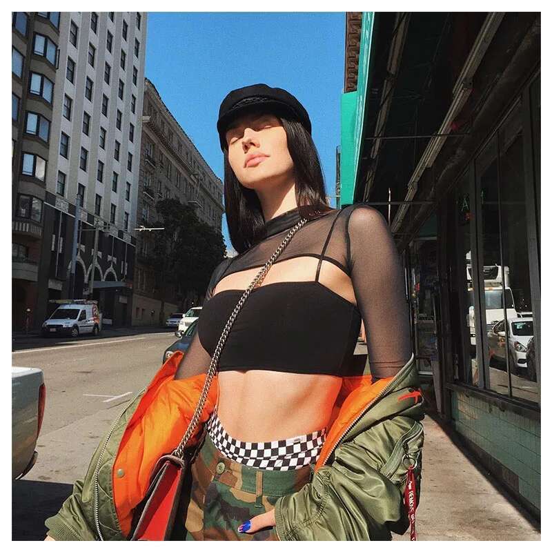 Crop Women Mesh Sleeve T-Shirt Sexy Hollow Out Transparent Tops Ladies T Shirt Black Top Casual T-Shirt Tee Shirts KLMY