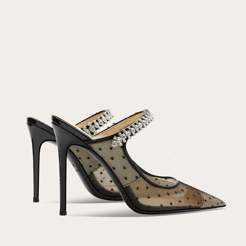 Polka dot mesh sexy black high-heeled sandals women, Xia pointed straight diamond chain toe slippers with high-end feel for wearing outside
