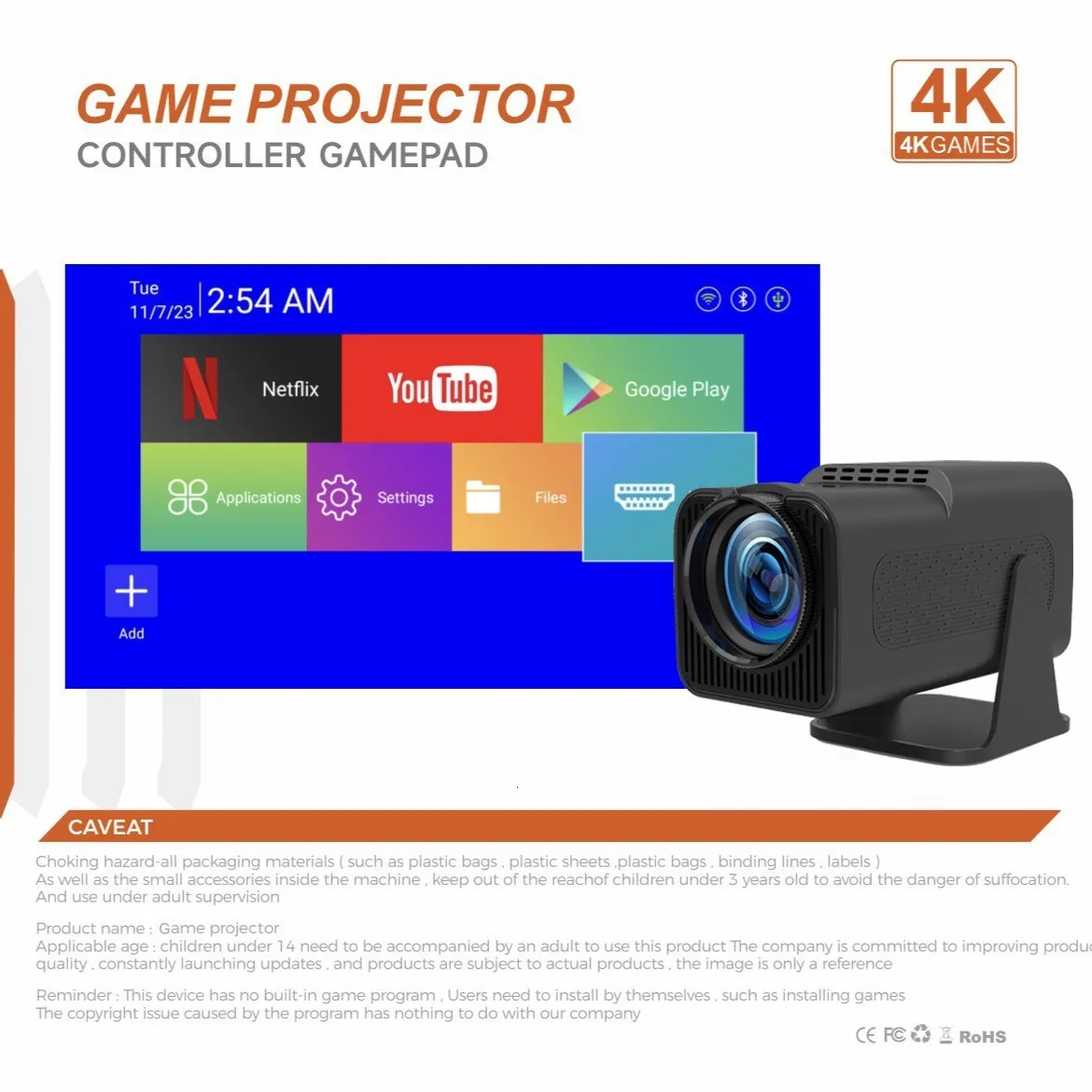 HY320 Projector Game Console With Controllers WIFI6 260 ANSI 4K 130"screen 1280 720P T950S Chip Home Theater Outdoor portable With 20000 games