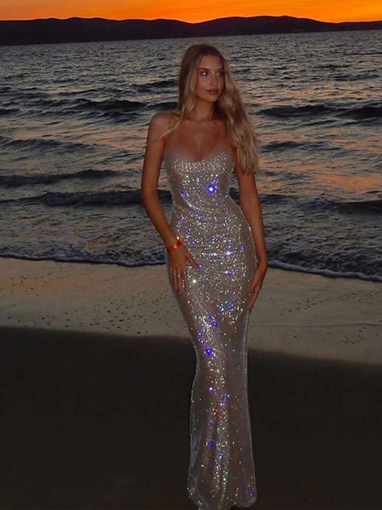 Sexy Sequin Dias Dresses Women Shiny Sleeveless Backless Bodycon Fishtail Gown Lady Perspective Evening Party Dress