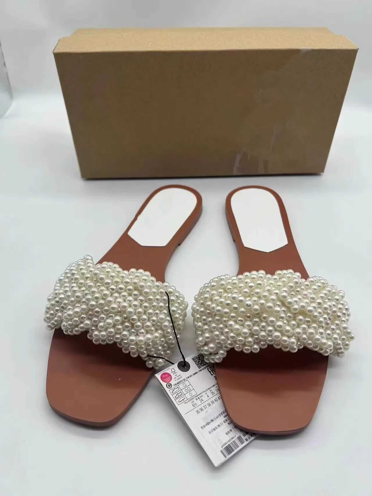 Summer new wens shoes artificial pearl inlaid half slippers open toe to wear flat casual beach shoes Y250304