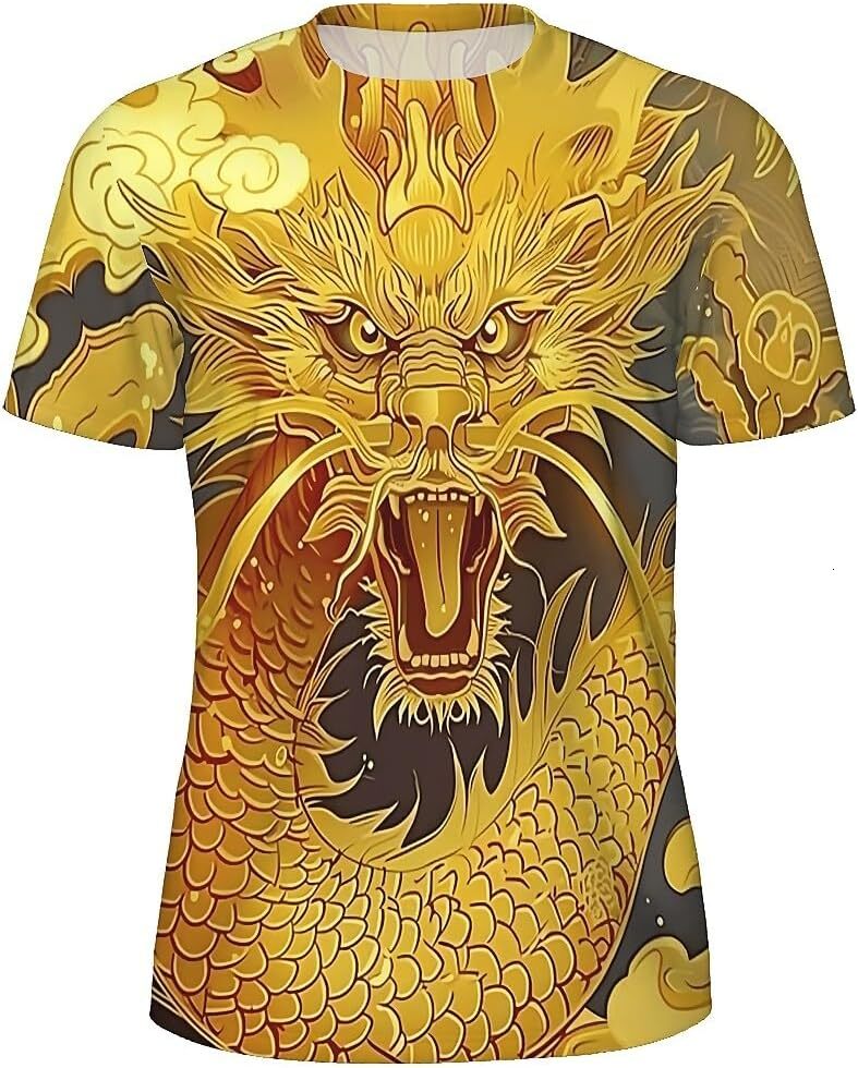 Mens T shirt Men's Novelty T-Shirts Graphic 3D Print Short Sleeve Summer T-Shirt Golden Dragon tee Casual tops summer clothes
