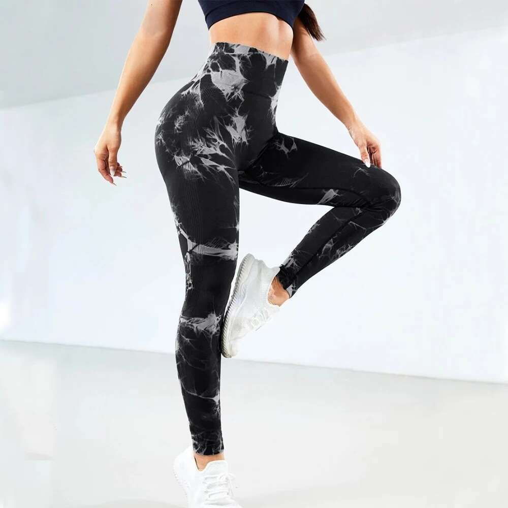 Seamless Tie Dye Bleach Sport Leggings Women Tummy Control Push Up Elastic Yoga Pants Fiess Gym Workout Tights Running Leggins KLMY