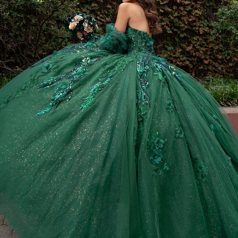 Blackish Green Shiny Quinceanera Dresses Ball Gown Off The Shoulder Applique Lace Beading Tull Party Birthday Sweet 16 Vestidos 15 De Anos