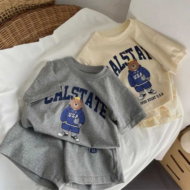 Summer Toddler Baby Girl Solid Cotton Clothes Short Sleeve Bear Printed T-shirts and Shorts 2pcs Set Kid Boy TracksuitsXJ250305