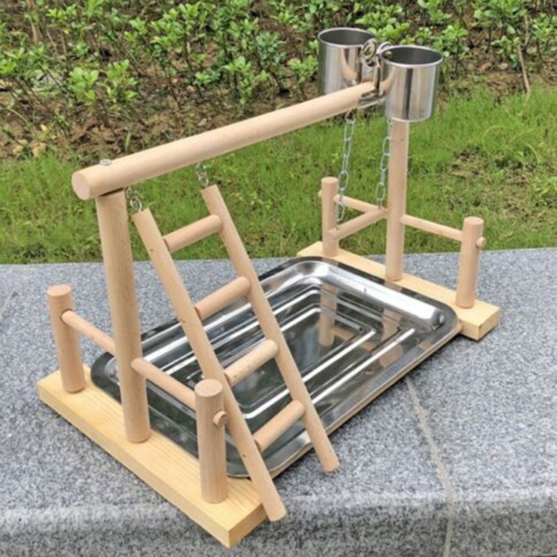 AAAC-Parrot Wood Stand Activity Center Ladder Swing Tray Cup Perch Bird Play Rack