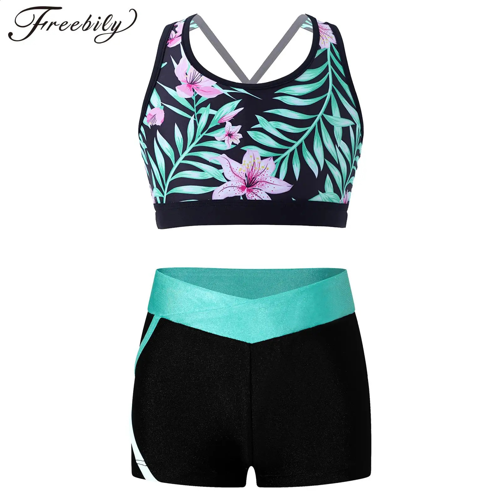 Kids Girls 2 Pieces Swimsuit Bikini Tankini Set Crop Tank Tops and Booty Shorts Dance Outfits Gymnastics Ballet Dance Costumes 250304