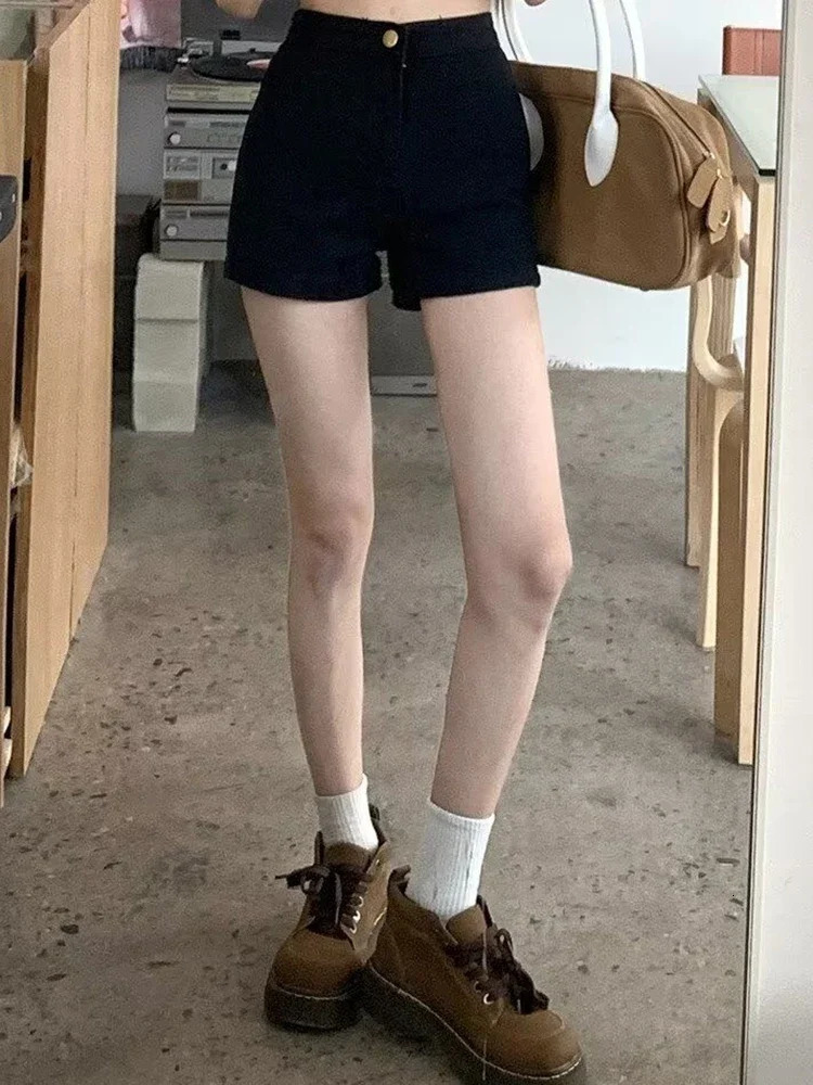 Womens 90s fashion black gothic denim shorts retro high waisted Aline mini Y2k Harajuku Korean Emo 2000s clothing 250304