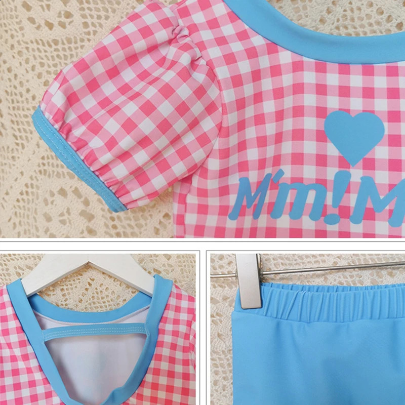 Childrens Swimwear for Girls Plaids Checkered Bathing Suit for Girl Short Sleeve Toddler Baby Tankini Bikini Set Beach Clothes 250304